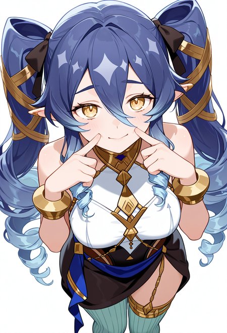 masterpiece,high quality details, absurdres,
 <lora:Layla:0.8>
layla_cnr, 1girl, blue hair,very long hair, twin drills, drill locks, pointy ears, yellow eyes, hair between eyes, sidelocks,medium breasts,, simple background, white background, from above,solo,, lonely,fingersmile,, sleeveless shirt,ofuda on clothes,hobble skirt,  ,green thighhighs,