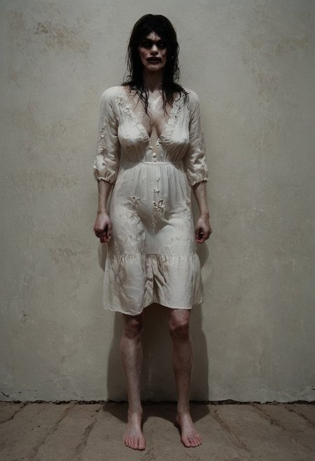 Full body shot, score_9, score_8_up, score_7_up, exorcist style, portrait, lying on grimy mattress, wearing stained grimy linen dress, old fashioned grimy linen dress, ankle-length dress, 1girl, zombie alma wade, demon-possessed creepy woman, white clammy skin with black veins, ((huge sagging veiny breasts)), perfect yellow eyes, realistic ,spread legs, holding necronomicon, bare feet, long floor-length linen dress, 
1girl boney figure, black messy tangled hair, wearing stained white old-fashioned nightgown, messy, very large sagging breasts, Demon possessed monster creature woman , exorcist style, glowing yellow eyes, sweaty, wet, in grimy wooden cabin bedroom on moldy mattress, 8k, 1dk, bodyhorror, scary, monster