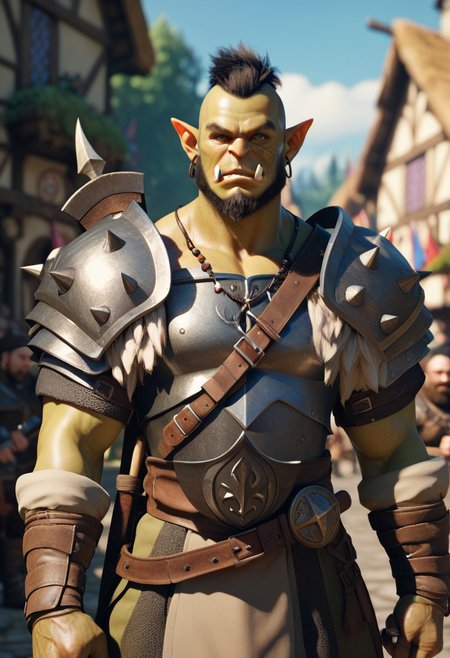 score_9, score_8_up, score_7_up, 2d, anime, orc warrior posing with a huge axe, medieval market, looking at viewer