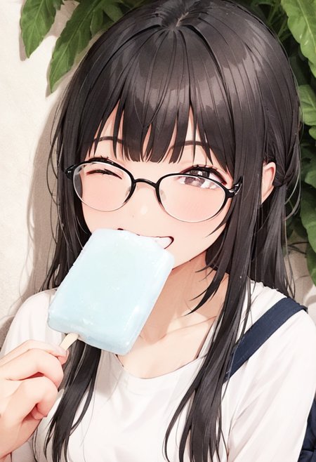 masterpiece, best quality, very aesthetic, absurdres,
garigarikun, 1girl, solo, glasses, straw hat, sundress, black hair, long hair, holding food, holding, looking at viewer, happy, smile,
food, eating,
 <lora:garigarikun_SDXL_V1:1>