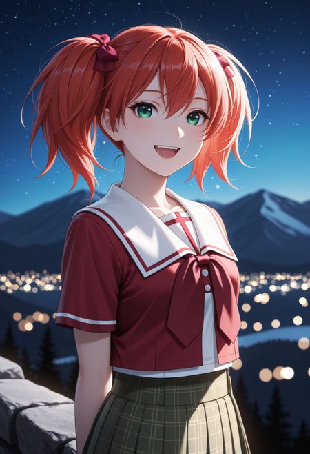 masterpiece,best quality,absurdres,highres,very aesthetic,high quality,detailed,insanely detailed,beautiful,perfect lighting, ,depth of field,blurry background,bokeh, looking at viewer, smile, upper body, night time, mountains, grey rocks, stars, outdoors,
<lora:Shuzen Kokoa illu:1> 1girl, school uniform, twintails, zettai ryouiki, thighhighs, plaid skirt, green eyes, red hair, open mouth, pleated skirt, smile, red serafuku, bow, ribbon, shirt