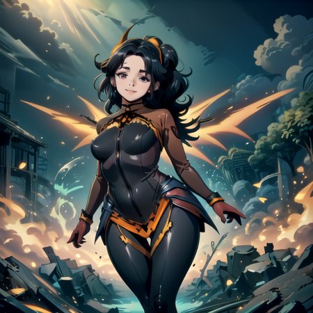 ((top quality, 8k wallpaper)),(masterpiece, best quality),extremely detailed,high definition,(official art:1.3),(((anime screencap,black outline))),<lora:more_details:0.3>,<lora:LCM_LoRA_Weights_SD15:1>,1girl, (large breasts), (parted bangs:1.6), <lora:ETO_OC:0.2> ETO-OC, <lora:ETO_OCC006:0.4>, ETO_OCC, (curly hair:1.3), (long hair:1.1), thick eyebrows, pale skin, curvy, (plump:1.2), fat, 1girl, mature female, smile, black hair, looking at viewer,  BREAK <lora:devilmercy-nvwls-v1:1> devilmercy, demon horns, red sleeves, red bodysuit, long sleeves, red gloves, pelvic curtain, (mechanical wings:1.4), black leggings, fire, brimstone, (glowing wings), (neon lights),<lora:Fairies_and_Technology:0.8>