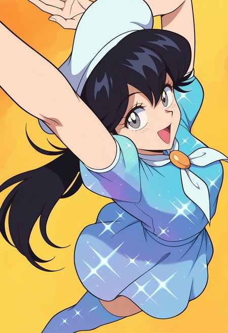 highres, best quality, masterpiece, yellow background, orange background, henshin,
1girl, solo, pprmoc, black hair, long hair, low twintails, grey eyes,
hat, dress, neckerchief, puffy short sleeves, thighhighs,
looking at viewer, smile,
standing, glowing clothes,
anime screencap, 1990s \(style\), retro artstyle, open mouth, from side, arms up, armpits, from side, from above,
<lora:_peppina_ramen_ketrindarkdragon-oc-elesico-ilxlE:1>