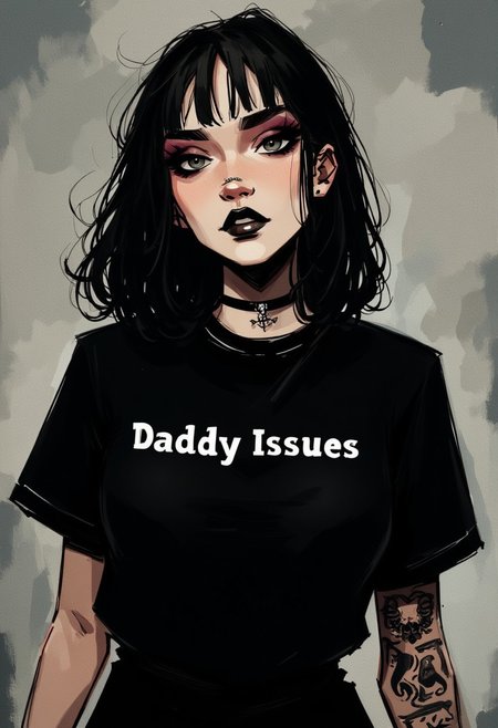 Alt goth girl with a nosering and tattoos. Dark makeup. A black tshirt with the text "Daddy Issues" on it.