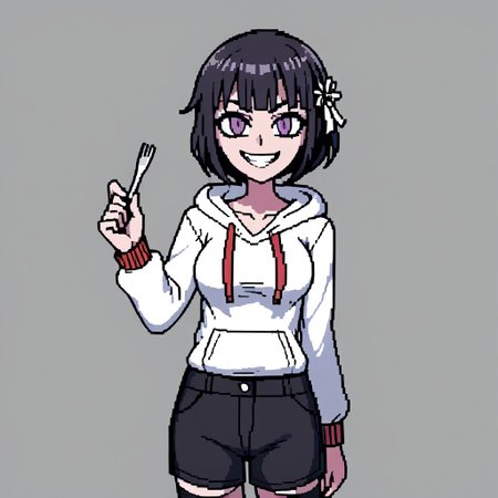 flat 2d animation, vector animation, slim girl with purple eyes and black bob hair, colored hairpin. The girl wears a white hoodie, shorts and stockings, 35 years old, female, Helltaker style, Pixel_Art, arrogant look, sadistic look, yandere, sinister grin, direct look, high quality, more details, face close up, fork in hand, Albert Fish costume, dancing
