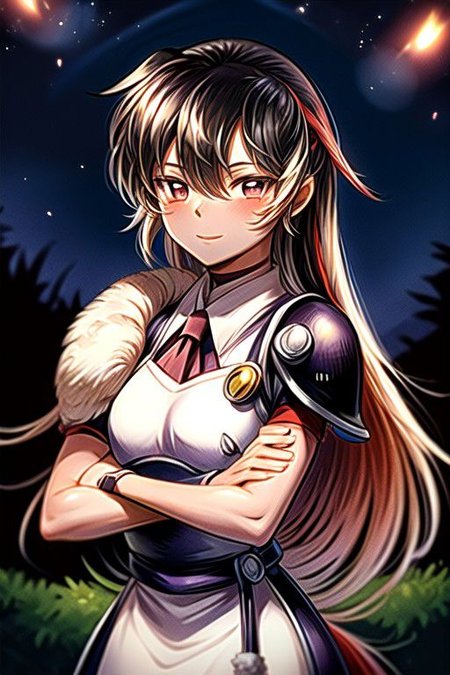 best quality 1girl Setsun4 solo long hair,  (night time) forest background black hair very long hair purple eyes multicolored hair armor, small, (fur trim) (medium body),<lora:EMS-179-EMS:0.800000>,<lora:EMS-293862-EMS:0.800000> bow, hair_bow, hair_tubes, red_bow, brown_hair, long_hair, bangs, ascot, frilled_bow, yellow_ascot, blush, smile, hair_between_eyes, athletic, armor, miko, strengthmda, crossed arms, Smiling, happy