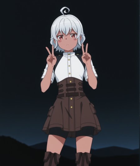 official art, absurdres, highres, anime coloring, hi res, best quality, masterpiece, 2d, intricate details, 4k,
1girl, solo, female, nose, blush stickers, short hair, red eyes, ahoge, white hair, grey hair, dark skin, dark-skinned female, 
skirt, short sleeves, bike shorts under skirt, bike shorts, corset, brown skirt, shorts, 
boots, thigh boots, brown footwear, 
cowboy shot, contrapposto, double v, 
(night, darkness, black theme:1.3), depth of field, mountainous horizon, black background, <lora:Eris_(Character)_ILXL:1>,