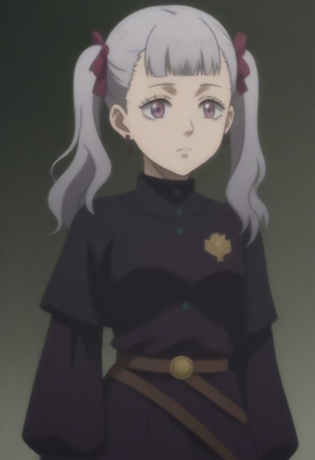 source_anime, anime screencap, source_anime, auratheguillotine, anime screencap, masterpiece, source_anime, shiny skin,,,,,,<lora:noellesilva-pdxl-nvwls-v1-000005:1> noelle silva, grey hair, purple eyes, twintails, hair ribbon, black capelet, green strap, white and purple dress, long sleeves, belt,