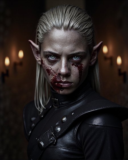 BGMinthara, 1girl, white hair, pointy ears, grey skin

A highly detailed portrait of a fierce warrior resembling BGMinthara, her expression intense and commanding. Her face is marked with streaks of blood, some dripping onto her neck, adding to her battle-hardened and ruthless appearance. She is wearing dark, weathered leather armor that shows signs of wear and dirt from countless encounters.

The background is a dimly lit stone corridor, its walls rough and ancient, evoking the atmosphere of a dungeon or a fortress. Flickering torches mounted on the walls cast a faint, uneven light, creating dramatic shadows across her sharp features and the textured surfaces of her armor. The composition is intimate, capturing every detail of her face, from the smudges of dirt and blood to the cold intensity of her gaze. The lighting emphasizes the contrast between her dark armor and the warm glow of the torches, enhancing the mood of the scene.

The image is shot using a high-end DSLR or mirrorless camera, such as a Canon EOS R5 or Nikon Z8, with a 50mm f/1.2 lens for shallow depth of field. The focus is razor-sharp on her face, with a soft bokeh effect blurring the background, drawing the viewer’s attention to her haunting and powerful presence.
