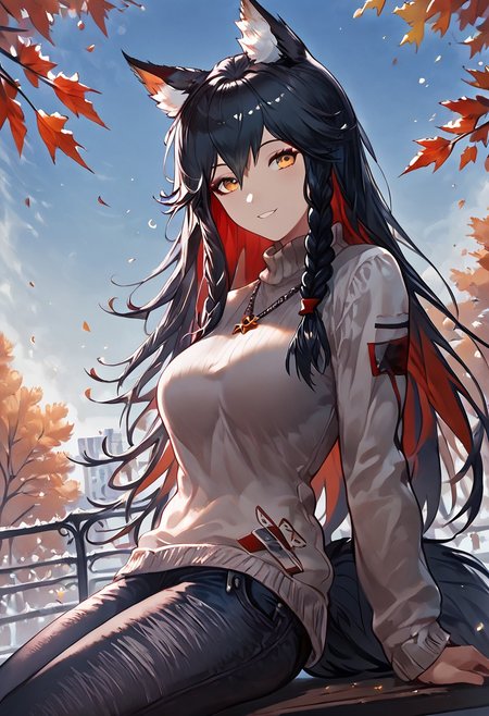 1girl, texas (arknights), female, young, wolf girl, wolf tail, wolf ears, animal ear fluff, amber eyes, multicolored hair, black hair, red inner hair,  slender body, (medium breasts:1.2, round breasts, perfectly shaped breasts), sweater, denim pants, happy, looking at viewer, park, sitting on bench, taut clothing, (headshot:1.2), extremely tight shirt, inviting expression, side view, jeweled necklace, hands out of view, dutch angle, dark eyeliner, autumn colors, (low-angle view:1), cornrow braids, leaning back, view from behind, head turned score_9, score_8_up, score_7_up, (masterpiece, best quality, very aesthetic, ultra detailed), intricate details, beautiful face, detailed eyes, detailed background, granblue_fantasy_style_xl, expressiveh, light from above