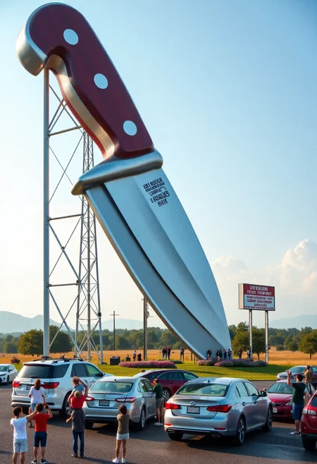 <lora:Roadside_Attraction_Assembler_FLUX_r1-000007:0.9>
Photo depicting a surreal scene at a "world's largest knife" roadside attraction including people taking photos of it and cars parked near it.