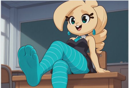 Masterpiece , high quality, 1girl, solo, rabbit girl, blonde body, furry, anthro, blonde fur, 1girl, blonde hair, twin drills,  black school uniform, dress, blue pantyhose, striped pantyhose, rabbit ears, bunny girl,blue earrings, animal ears, animal nose, sassy, medium breasts size, bare shoulders,sleeveless, anime eyes, detailed eyes, blue tie, eyelashes, aqua cyan eyes, beautiful eyes, bright colors, light eyes color, muscular, solo, dynamic pose , showing soles, school chairs, school, class room, showing feet, sitting on chair, wooden desk, big white border, frame, characters over frame, anime coloring, anime screencap, chibi, rabbit ears, comic, happy, shortstack, buck teeth, laughing