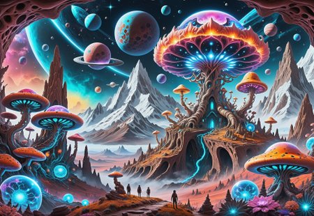 another world extraterrestrial landscape, surreal mountains, with giant alien flower animals, live shrooms, fantasy dream, starry sky with large planets, transparent plasma tubes, detailed hyperrealism, 35mm photography, edgy street art, dynamic angle, flowing colors, fractal art, intricate