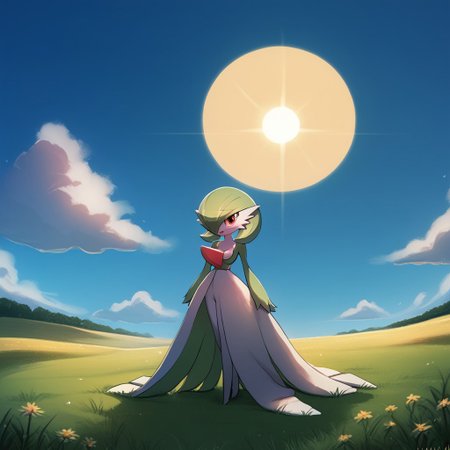 score_9, score_8_up, score_7_up, score_6_up, score_5_up, score_4_up,
 luminekoStyle,
1 girl, gardevoir, green_hair, green_skin, hair_over_one_eye, 
field, grass,  sun, clouds,