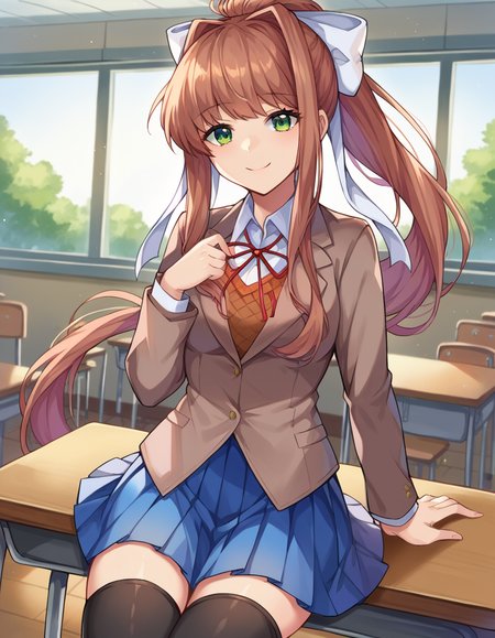 score_9, score_8_up, score_7_up, source_anime,
ddlcmonika, <lora:ddlc-monika-ponyxl-lora-nochekaiser:1>
ddlcmonika, blunt bangs, brown hair, green eyes, long hair, ponytail, ribbon, white ribbon, hair ribbon, sidelocks, smile,
black thighhighs, blue skirt, brown jacket, jacket, long sleeves, mary janes, over-kneehighs, pleated skirt, school uniform, shoes, skirt, thighhighs, zettai ryouiki,
indoors, classroom, sitting, table, pov across table, chair,
looking at viewer, dutch angle, cowboy shot,