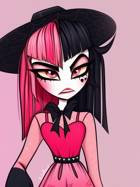 1 girl, 1 person, solo, <lora:HelHazbinV2:1> hellhazbin , <lora:Draculora:1> draculaura, streaked hair, pink hair, black hair, two-tone hair, pink eyes,