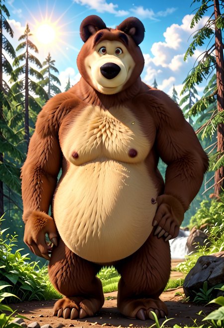 score_8, score_7, score_9_up, BodiPhantom, masterpiece, high quality, detailed, best quality, detailed background, detailed character, detailed character details, detailed face, detailed muzzle, dust, particles, practices, fluffy wool, fluffy fur, high quality, very high rendering, smooth lines, 4k, 8k, 16k, huge resolution, a lot of details, detailed fur, high budget, cinemascope, epic, gorgeous, film grain, grainy, high quality, detailed, high resolution, high quality, high resolution, furry character, 3DMM, solo
first character: "BodiPhantom, Mishka, Bear, Dark brown eyes, Brown, lighter on the belly, chest and face, the underside of the paws are also cream colored, the claws are a different shade of brown, while the ears and eyebrows are darker than the rest of the body, big bear, (big belly), (fat)";
BREAK
source_furry, adult, anthro, (((muscular))),
realistic, different wolves, different faces, detailed face, 
in the forest, trees, sun, meadow, clouds, detailed eyes, detailed fur, detailed anatomy, detailed every character, 
He stands at full height, legs spread, hands on hips, kind,