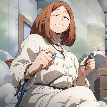 <lora:SlimesUrarakasMom:1>,   score_9, score_8_up, score_7_up, slimes_urarakasmom,  brown bair, woman, solo, smiling, surprised, eyes closed, lying on bed, lying on back, full body, white teeth, crossed legs, middle aged women, pump, perfect body, white dress