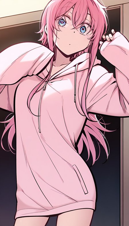 <lora:yushanshan:1>,yushanshan,1girl,long hair,pink hair,hair between eyes,blue eyes,pink hoodie, sleeves past wrists, long sleeves,, masterpiece,best quality,amazing quality,anime screenshot,