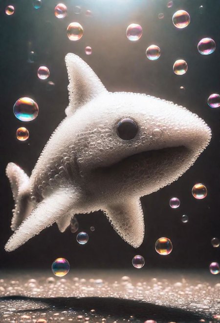 made of bath foam and soap bubbles, a photograph capturing a shark, with sharp focus, vibrant colors, strong film grain, cinematic lighting