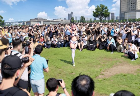 masterpiece, best quality, very aesthetic, absurdres,
comiket_cosplay_Hiroba, outdoors, 6+boys, crowd, day, sky, multiple boys, scenery, multiple girls, cloud, 6+girls, summer, blue sky, grass, 
<lora:comiket_cosplay_SDXL_V2:1>