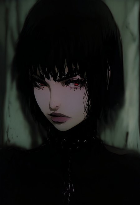 gthan, 1girl, solo, medium hair, wavy hair, black hair, jewelry, looking at viewer, necklace, cross, portrait, bangs, red eyes, closed mouth, turtleneck, blurry background, cross necklace, lips, piercing, blurry, bob cut, eyelashes