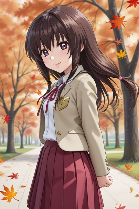 source anime, detailed, official art, masterpiece,
<lora:HandFineTuning_XL:1>
BREAK,
park, autumn, falling leaves,
from side, hands behind back, light smile, looking at viewer, dynamic angle,
BREAK,
<lora:mayu_pdxl_v01:0.7> 
gsdmayu, brown hair, long hair, brown eyes, sidelocks, tied sidelocks, low tied hair, hair ribbon, ribbon tie, blazer, white shirt, open clothes, red skirt, pleated skirt