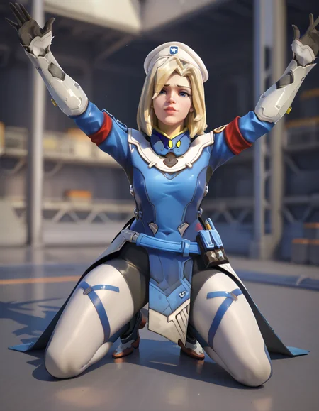 score_9, score_8_up, score_7_up, 1girl, medium shot, ,2.5d, combatmedic,mercy (overwatch), <lora:Combatmedic_mercy_pony-000040:1> Knees on the floor arms outstretched