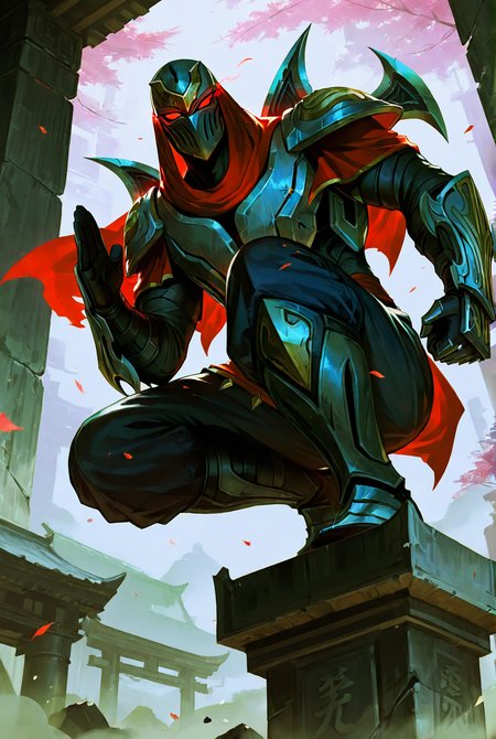 score_9,score_8_up,score_7_up,best quality,ultra-detailed,high resolution,digital painting,8k,1boy,solo,male focus,from below,detailed face,armor,helmet,red eyes,glowing eyes,gauntlets,pauldrons,ninja,kuji-in, weapon,fighting stance,on broken pillar,squatting,<lora:add-detail-xl:1>,<lora:Zed LOL:0.7>,zed lol,