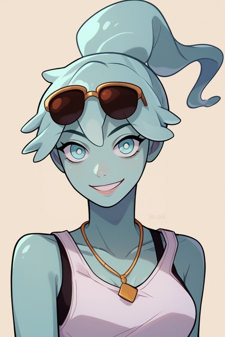 score_9, score_8_up, score_7_up, BREAK, 1girl, solo, breasts,  <lora:pollygeist-guy-PONYv1:.95>, pollygeist, blue skin, monster girl, ponytail, sunglasses, eyewear on head, necklace, bracelet, tank top, portrait, upper body, smile, looking at viewer,