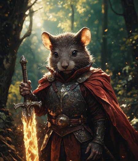 cinematic photo highly detailed portrait of a wise old mouse warrior (intricate armor:1.4) in a dark woolen cloak with a flaming sword covered in ornage flames, (fur:1.4),deep dark forest background, (shallow depth of field:1.4), foliage, global illumination, radiant light, detailed and intricate environment #cinematic, light shafts, dust motes  sparkles, (Extremely Detailed Oil Painting:1.2), glow effects, godrays, Hand drawn, render, 8k, octane render, cinema 4d, blender, dark, atmospheric 4k ultra detailed, cinematic sensual, Sharp focus, humorous illustration, big depth of field, Masterpiece, colors, 3d octane render, 4k, concept art, trending on artstation, hyperrealistic, Vivid colors, extremely detailed CG unity 8k wallpaper, trending on ArtStation, trending on CGSociety, Intricate, High Detail, dramatic . 35mm photograph, film, bokeh, professional, 4k, highly detailed