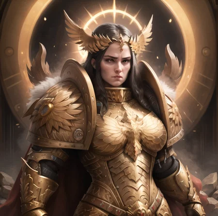 unparalleled masterpiece, (best:1.0) (quality:1.0), UHD, volumetric lighting, cinematic lighting, (sharp:1.0) (focus:1.0), extremely detailed, 8k, golden armor, woman, big breasts <lora:warhammer40000Emperor_v10:0.6>