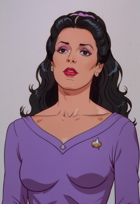 score_9, score_8_up, score_7_up, <lora:Heavy_Metal_Style_PDXL:0.9> hmstyle, 1girl,   <lora:Star_Trek_TNG_PonyXL_Concept:0.7> sttng, deanna_troi, upper body, purple shirt, black hair, kinky hair