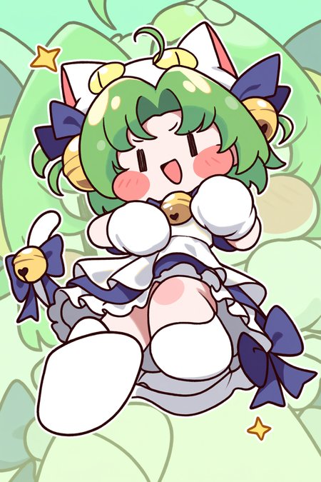 (trickcalcg, trickcal, chibi, chibi only:1.3), blush, blush stickers, original, 
di gi charat, di gi charat \(1999\), dejiko, 1girl, 2000s \(style\), <|> <|>, ahoge, animal hat, bell, blue bow, blush stickers, bow, cat hat, cat tail, curtained hair, dress, ear bell, frilled dress, frills, full body, gloves, green hair, hat, looking at viewer, neck bell, open mouth, outline, paw shoes, pixelated, puffy short sleeves, puffy sleeves, short hair, short sleeves, single blush sticker, smile, solo, star \(symbol\), tail, tail bow, tail ornament, two side up, white dress, white gloves, white outline, zoom layer, 
(masterpiece, best quality, absurdres, highres, newest, very awa:1.2), 