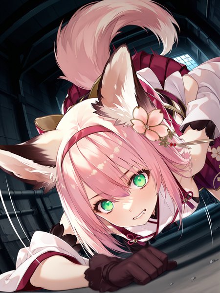 masterpiece,best quality,newest,1girl,solo,
<lora:warehouse02_ilxl_v1:1>,w_h,indoors,industrial pipe,<lora:Fixhands_anime_bdsqlsz_V1:1>,foreshortening,<lora:Hanazuki_ilxl_v1.4:1>,Hanazuki,green eyes,fox's tail,h_clothes,black gloves,hakama,doggystyle,dynamic_angle,cinematic_angle,glowing eyes,fighting_stance,fighting,night,darkness,(motion_blur:1.3),(motion line:1.2),(speed_lines:1.1),fighting_stance,aura effect,dark cloud,leaning_forward,running,pov,looking_at_viewer,front view,bent over,looking ahead,kicking,expressionless,glow eyes,doggystyle,fisheye,crazy_smile,fangs,portrait,face_focus,gasping,clenched_teeth,