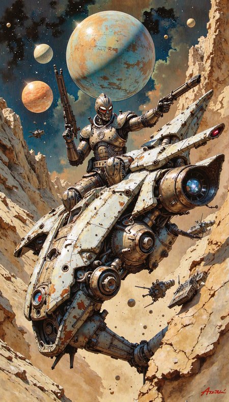 watercolor style,ARCHSLRA,a hand-drawn sketch and watercolor style,drk,intense opalescent inlay style, A hyperrealistic illustration, vibrant with a retro-futuristic aesthetic. Depict a tense desert battle scene under a vast, star-studded sky with a colossal, ringed planet dominating the horizon. Low-angle, close-up shot emphasizing a heavily armed futuristic soldier in the foreground, mounted on a intricately detailed, weathered, white combat hoverbike. The soldier, clad in heavy armor and a distinctive helmet, holds a large, futuristic rifle, their pose suggesting imminent action. The hoverbike, adorned with visible wear and tear, boasts exposed machinery, weaponry and a circular insignia. In the background, smaller skirmishes unfold across the expansive, tan-hued desert, scattered with futuristic vehicles and soldiers, hinting at a larger conflict. Utilize dramatic lighting, emphasizing the scene's gritty realism. Background should feature a crumbling cityscape half-buried in the sand, remnants of a lost civilization adding a layer of melancholy to the war-torn landscape.