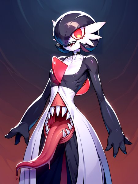 Score_9, score_8_up, score_7_up, score_6_up, score_5_up, score_4_up, pokemon,  (black gardevoir), black dress, black hair, glowing demonic eyes, no pupils, sinister smile, BREAK, (huge vertical mouth, stomach mouth:1.5), (big sharp teeth, very long tongue), <lora:Concept_Stomach_Mouth:1> , BREAK, jagged teeth, lower teeth, wide open mouth,