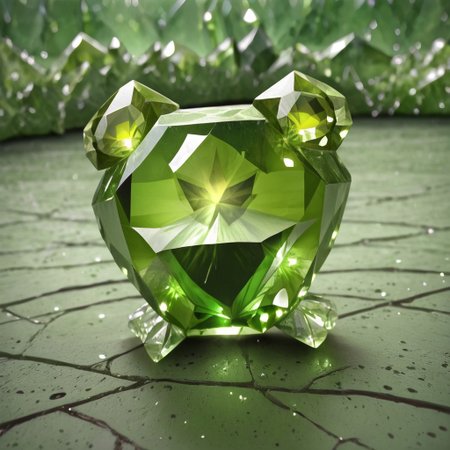 green gemstone, crystal, gem, shiny, peridot, happy frog, full body, detailed background, depth of field, subsurface scattering, ral-chrosc-clr, hud_per1d0t_wrld, green gemstone, crystal, gem, shiny