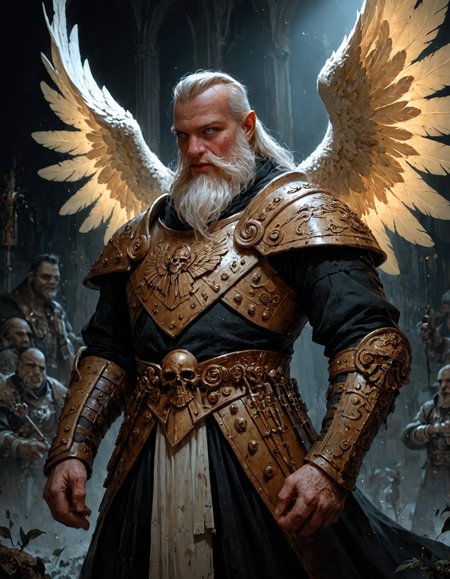 score_9, score_8_up, score_7_up, score_6_up, score_5_up, score_4_up, highly detailed, a winged artiangel by Roger Dean , by CFA Voysey , by Anthony Gerace , a strong fantasy dwarf warrior with a long beard and a thick armor standing in front of an ancient city of a dwarf kingdom, in the style of  horrifying gothic art,  neo-baroque, ornate and elaborate, dynamic, limited dark faded palette, unusual colors, atmospheric haze, highly dynamic pose, highly dramatic volumetric lighting, best composition, highly artistic, harmonic colors,  ultimate aesthetic level, masterclass artistry
<lora:artiangel:0.5> artiangel, <lora:Fant5yP0ny:0.8>