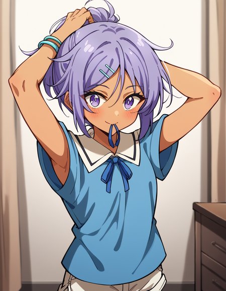 score_9, score_8_up, score_7_up, source_anime, <lora:dainanaouji-ren-s1-ponyxl-lora-nochekaiser:1>, ren, short hair, purple eyes, purple hair, dark-skin, dark-skinned female, hair clip, shirt, ribbon, bare shoulders, jewelry, short sleeves, shorts, bracelet, short shorts, clothing cutout, neck ribbon, blue shirt, blue ribbon, hotel room, bed, desk, mini fridge, room service, smile, <lora:hair-tie-in-mouth-ponyxl-lora-nochekaiser:1>, hair tie in mouth, hair tie, mouth hold, rubber band, blush, tying hair, adjusting hair, hands in hair, arms up, arms behind head, ponytail, hand in own hair, hair lift, cowboy shot, looking at viewer, looking at viewer, solo,, dutch angle, cowboy shot