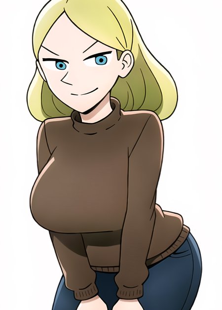 1girl, girl, woman, cartoon girl, blonde hair, bangs, long hair , blue eyes, smug, smile , closed mouth , pointy nose, collarbone, (brown sweater:1.4), jeans, leaning forward, large breasts, breasts, (hands on knees:1.4), looking at viewer, (extremely detailed CG unity 8k wallpaper), (masterpiece), (best quality), (ultra-detailed), (best illustration), (extremely delicate and beautiful), finely detail, cowboy shot, (white background:1.4), transparent background, (1girl:1.4), (solo:1.4)

<lora:Hilling:0.95>