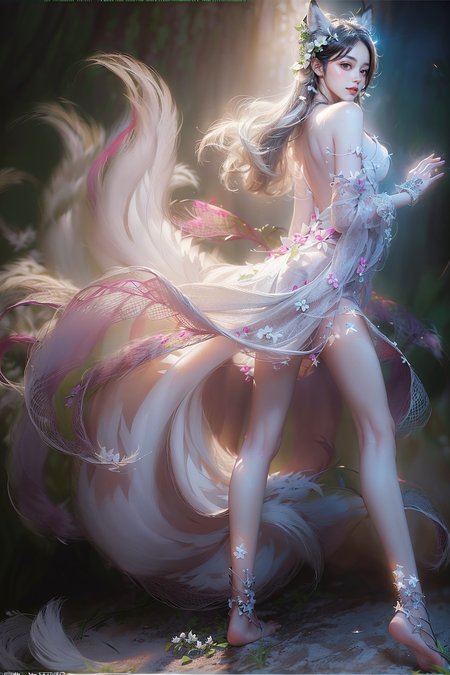 (((white tails:1.5))), beautiful white fox, (white fox with nine tails),
(bare shoulders:0.85), ((nude:1)),(boobs naked:0.55), (Glowing ambiance, enchanting radiance, luminous lighting, ethereal atmosphere, mesmerizing glow, evocative hues, captivating coloration, dramatic lighting, enchanting aura),1girl, masterpiece,best quality, 1girl,
(upper body:1.2),((nipples:0.55)),(1 Chinese patterns in the middle of the girl's forehead),girl with a weak temperament,
epic cinematic, soft nature lights, rim light, absurd, amazing, funny, itricate, hyper detailed, ultra realistic, soft colors,
<lora:oc_v10:0.5:PALETTE> <lora:lowra_v10:0.4> white flower<lora:anxiang:0.85:PALETTE>,<lora:zhongfenghua:0.55:PALETTE>,pink flowers,((bare feet:1)),