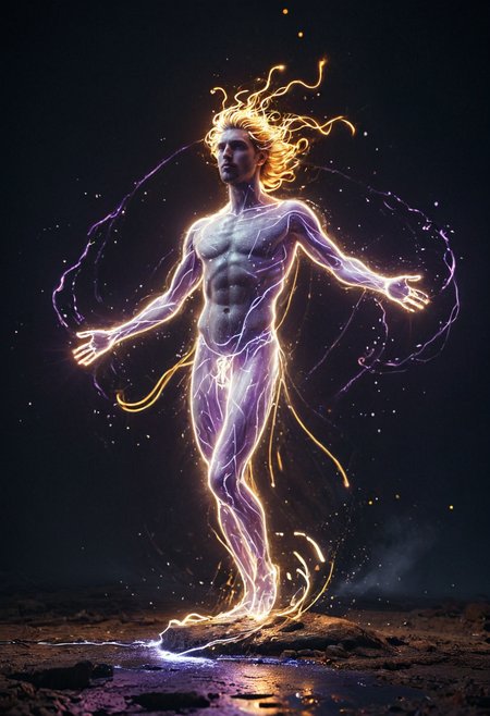 (masterpiece), (best quality), Young Greek god astraeus with hair blowing in the wind with ultraviolet light and root-shaped lights coming out of his body, golden aura around the silhouette, background sky, wide shot, full body, dynamic movement, cinematic lighting, masterful composition, shallow depth of field, f/2.4, masterpiece, trending on artstation, meander, hypnotic swirls, glowwave, glowing swirls <lora:light_transformer:0.55> lightlora, made from light, light, light particles, glowing <lora:Bio-Luminescence:0.55> bioluminescent, glowing <lora:Aether_Light_SDXL_LoRA:0.55> light painting of <lora:AbSynth:0.55> absynth, paint pour, geometric, fluid dynamics, liquid physics <lora:Greek mythology style:0.55> Greek mythology style, masterful composition, dynamic volumetric lighting, realistic  ray_tracing, reflection, hyperrealistic, shallow depth of field, f/2.4, bokeh,, RAW candid cinema, 16mm, color graded portra 400 film, remarkable color, ultra realistic, textured skin, remarkable detailed pupils, realistic dull skin noise, visible skin detail, skin fuzz, dry skin, shot with cinematic camera