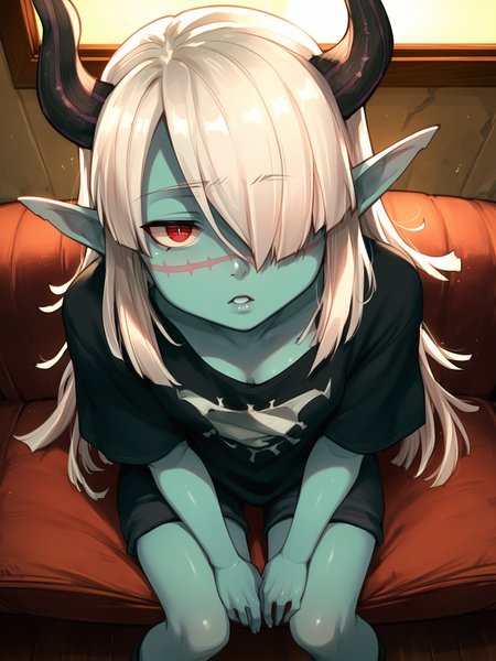 <lora:happy_tentacle-necromancer-v0.3-000037:0.9>, ht_necromancer, colored skin, horns, shirt, pants, indoors , 1girl, solo, portrait , half-closed eyes , ( parted lips :1.2), , looking up , sitting , , score_9, score_8_up, score_7_up, score_6_up, score_5_up, score_4_up