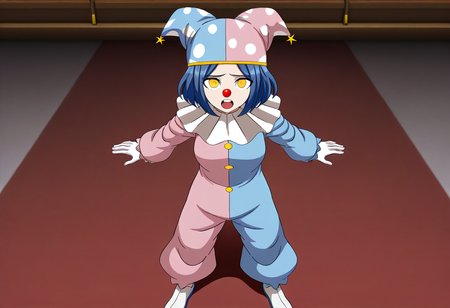 (((solo))),masterpiece, best quality, very aesthetic,  modern, modern anime,  aerial view , expression of grief , (((solo))),danganronpa_(series),<lora:Satsuki_Iranami_Illustrious:1>, This anime screencap is from Danganronpa the Animation. . Satsuki Iranami is wearing a two-toned jester-like outfit split vertically down the middle with blue on the left side and pink on the right, and a matching jester's cap with white polka dots and a yellow band. Her costume features a white ruffled collar, yellow buttons down the front and curled shoes. Satsuki has short blue hair and striking yellow eyes. She wears a red clown nose.  Satsuki Iranami is attempting to teach circus tricks in the school casino. It's a close-up shot of her looking perplexed as several playing cards are stuck in her blue hair at odd angles, while she continues to cheerfully shuffle another deck.