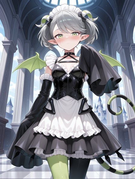 arianna the labrynth servant,1girl,demon girl,white maid headdress,black hair bow,black corset,black wide sleeves,white maid dress,mismatched legwear,sleeves past fingers,from below,hand up,scar on face,green demon wings,tail raised,blush,checkered floor,indoors,castle,curtains,
masterpiece,best quality,amazing quality,very aesthetic,absurdres,newest,<lora:Arianne and  Arianna the Labrynth Servant illusXL v1.1:0.75>,