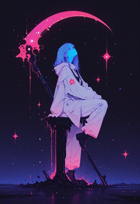 masterpiece, best quality, good quality, newest, highres, absurdres, masterpiece, best quality, very aesthetic, absurdres, faux media, 1girl, dim grey and soft blue color art, girl in white overall coat with red stars and galaxies,sitting on ground in a pose wih one leg bent and one leg stretched, hunched pose, Holding a huge RED glowing scythe  in a pitch black room, behind " 7 " shaped staute 
