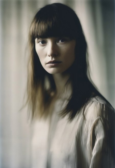 portrait of a woman, she has long hair with straight bangs, slightly blurred, morning light, shadows, photography by Paolo Roversi
