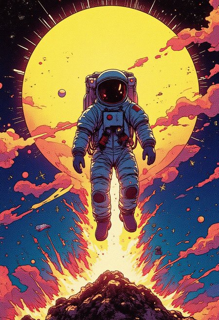 Astronaut on sunshine with VFX explosions, parting seas, moon split; 80s/90s city pop SFX by Hosono, Yamashita, Suzuki, Sakamoto, Kadomatsu & more A digital artwork in the style of cknc,