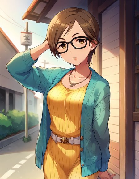 score_9,score_8_up,score_7_up,1girl,solo,cowboy shot,parted lips,looking at viewer,outdoors,<lora:aikawachinatu_ponyXLV6:0.8>,cgac,
brown hair,short hair,brown eyes,black-framed eyewear,
blue ribbed cardigan,yellow striped dress,(necklace:0.8),white belt